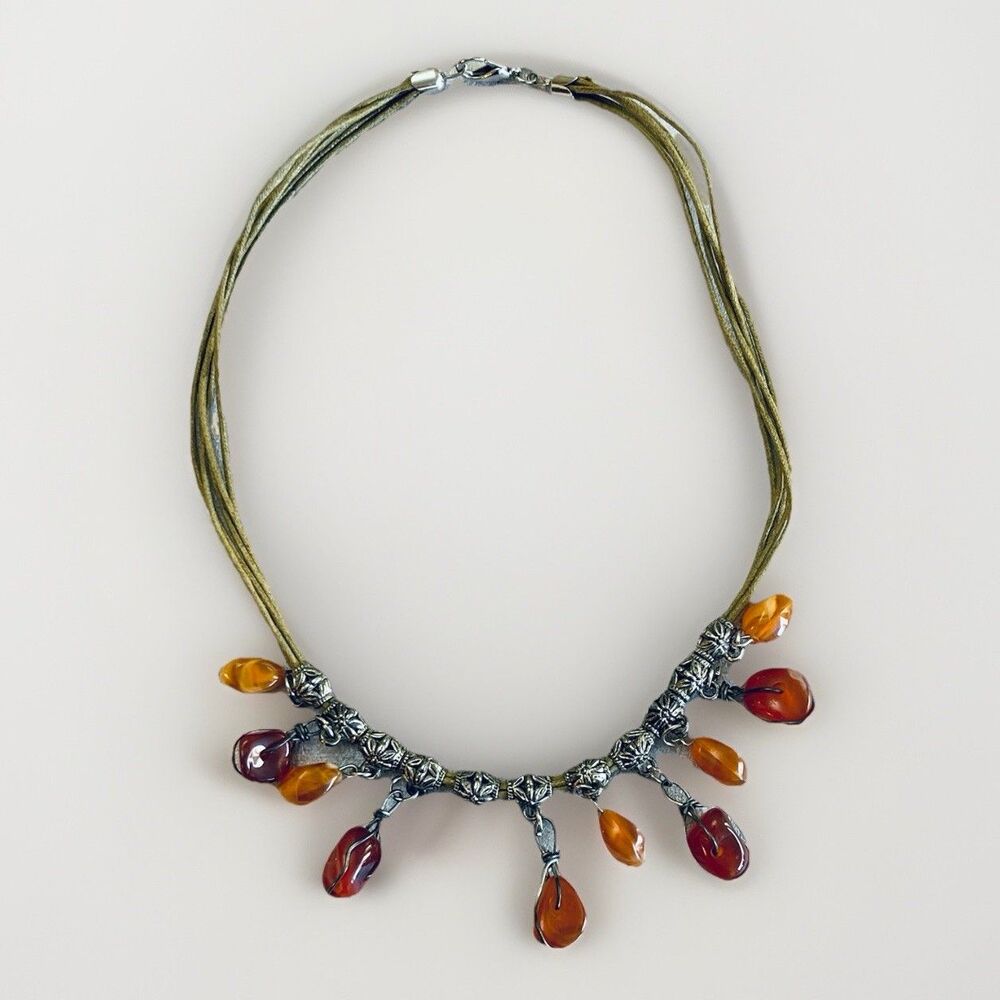 Vintage Baltic Honey Amber Choker Necklace 16" Drop Beads Silver-Tone Accents
